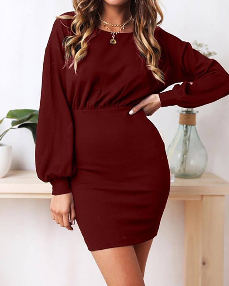 

Lantern Sleeve Zipper Back Casual Dress, Wine red
