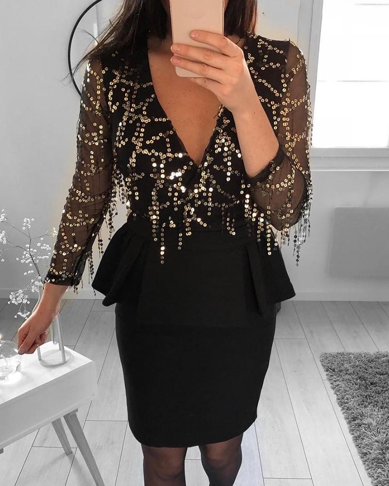

Sheer Sequins Tassel Peplum Bodycon Dress, Black