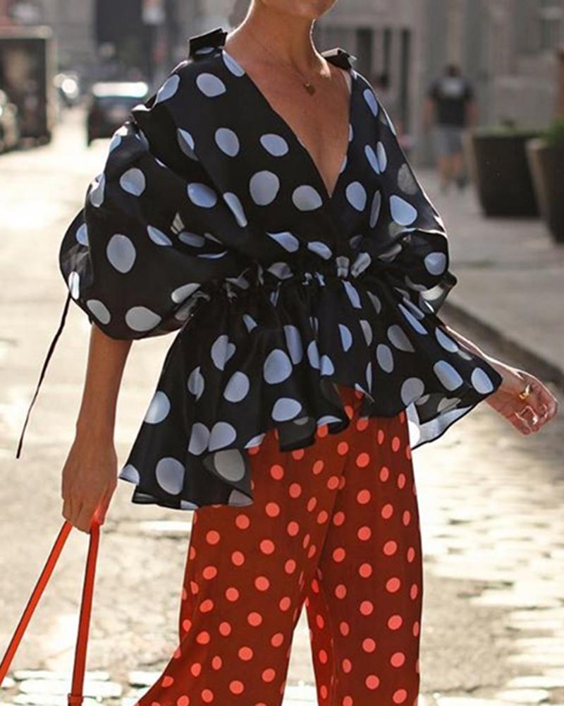 

Dot Print Bat Short Sleeve Causal Blouse, Black