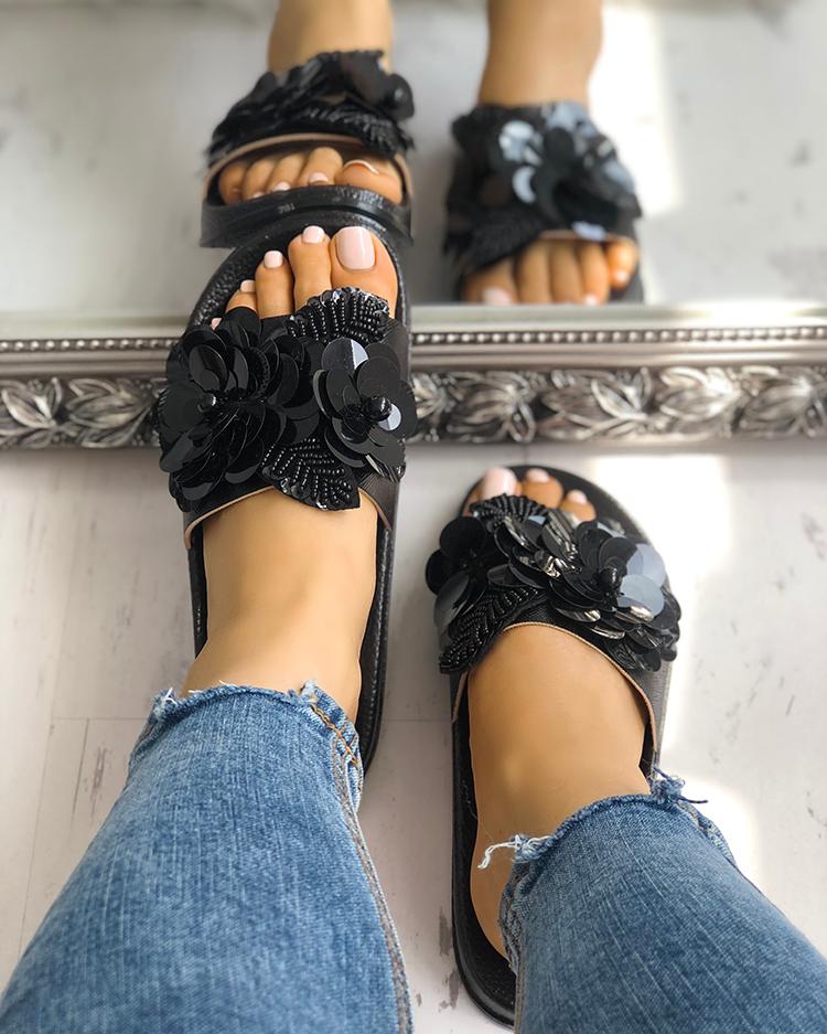 

Sequins Embellished Non-Slip Flat Sandals, Black