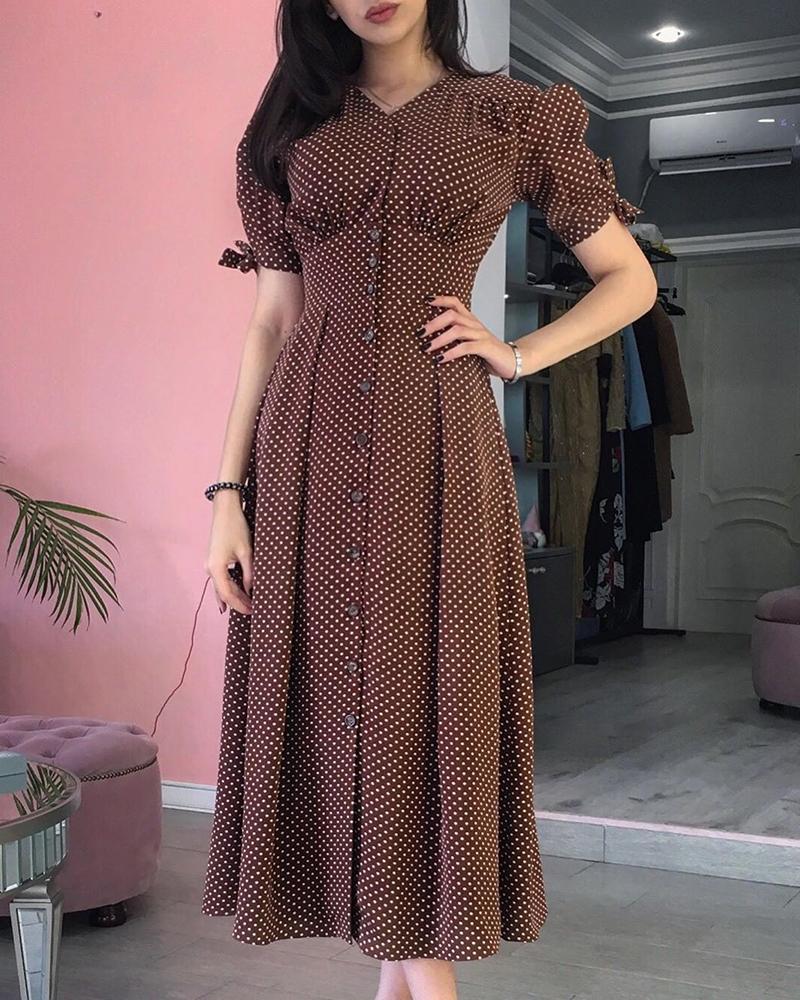 

Dot Puff Sleeve Buttoned Tied Detail Dress