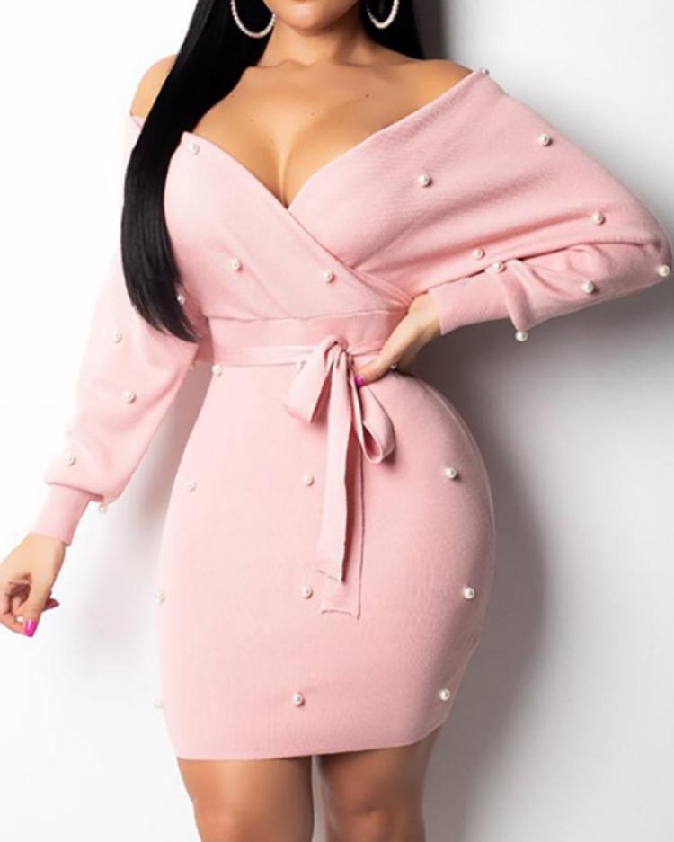 

Beading Embellished Off Shoulder Belted Dress, Pink