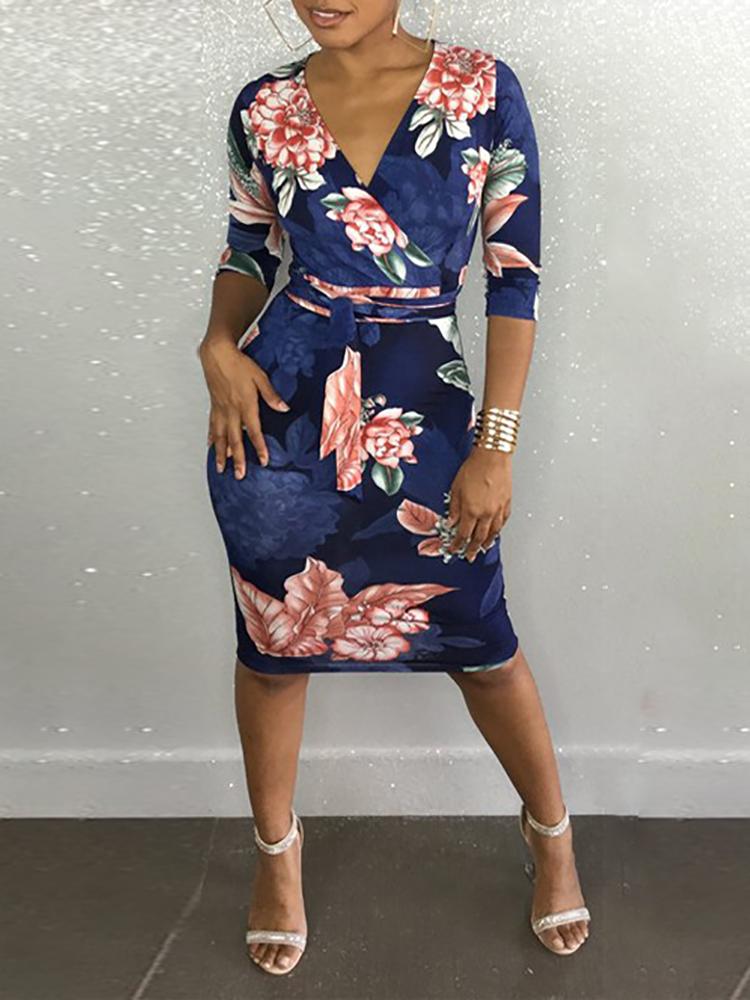 

Floral V Neck Belted Bodycon Dress