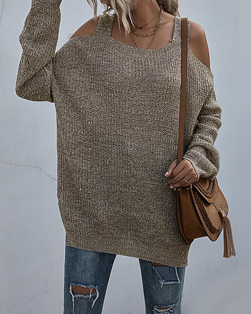 

Solid Cold Shoulder Long Sleeve Loose Sweater, Khaki