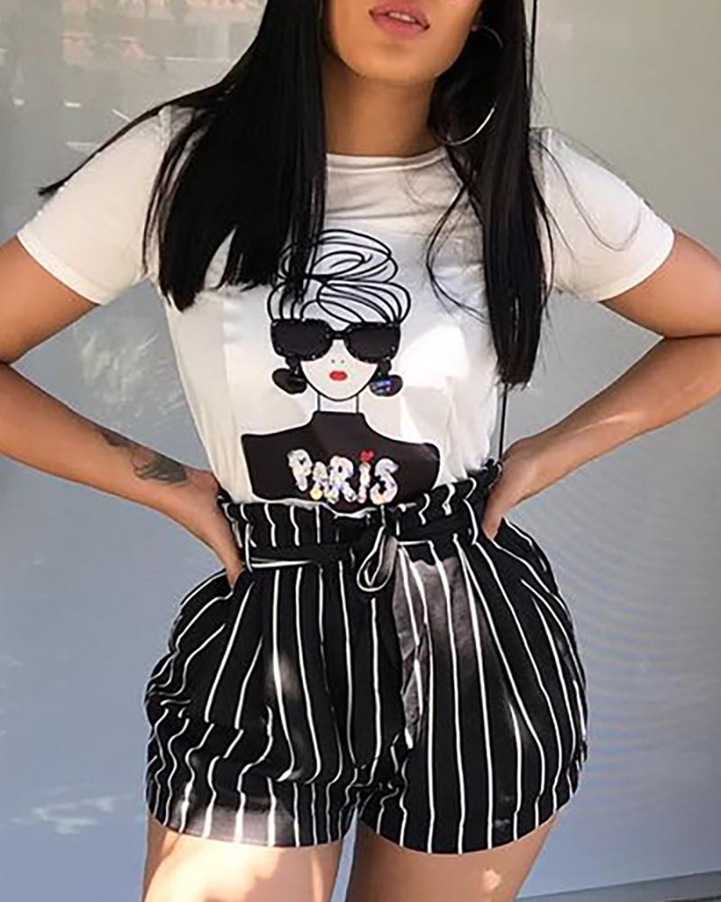 

Striped Paperbag Waist Casual Shorts