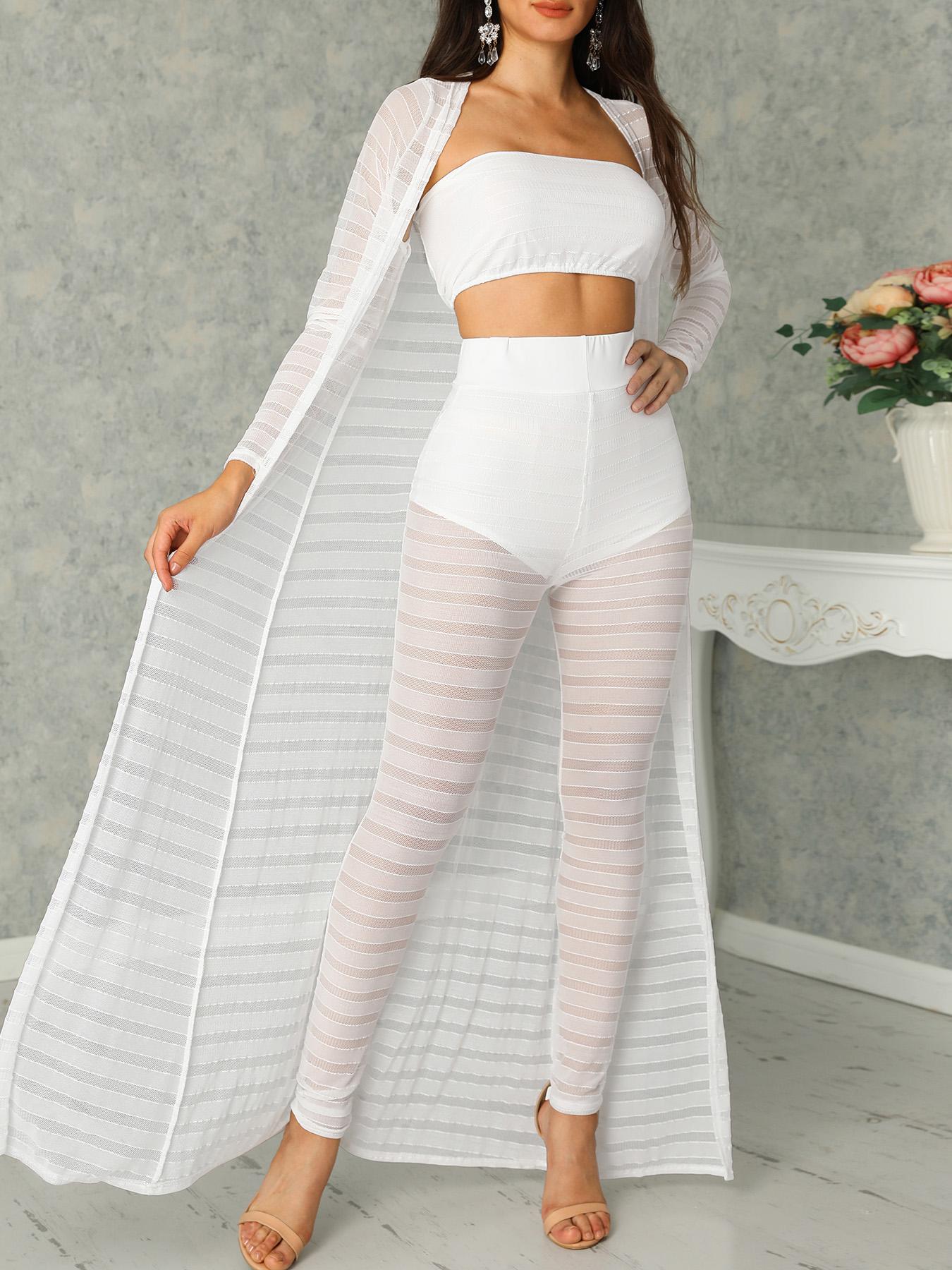 

Striped Mesh Strapless Top & Pants & Cardigan Set, White