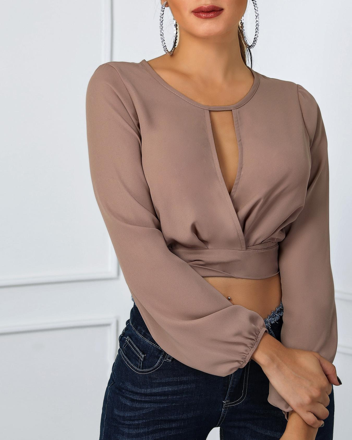 

Cutout Front Knot Back Crop Blouse
