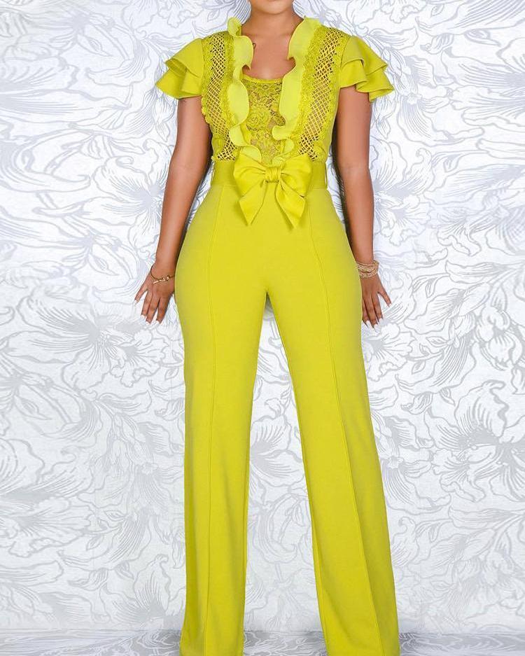 

Lace Patchwork Ruffle Detail Short Sleeve Jumpsuit, Yellow