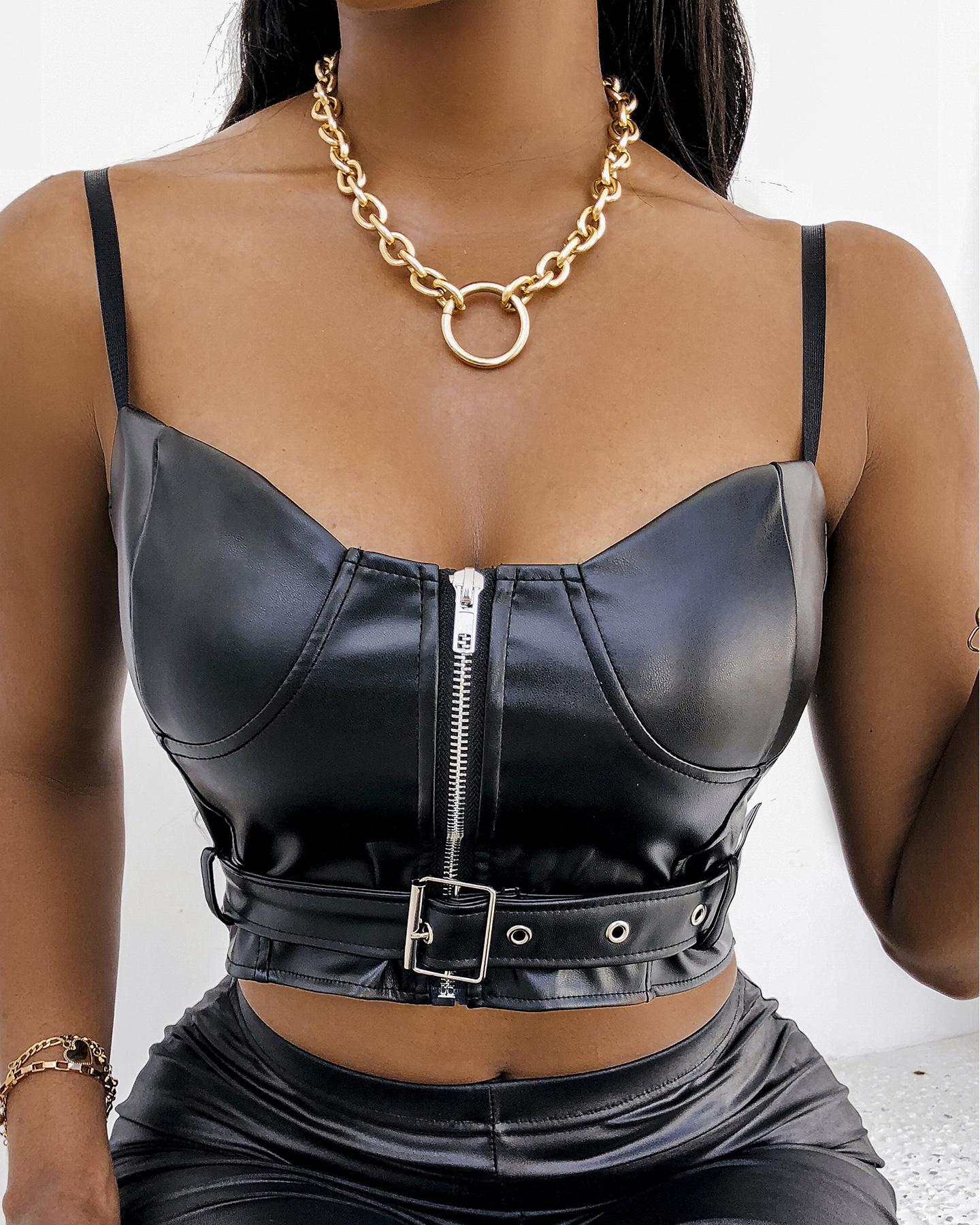 

Spaghetti Strap Zipper Design Crop Top, Black