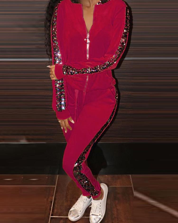 

Velvet Contrast Sequin Hooded Jacket & Pants Sets