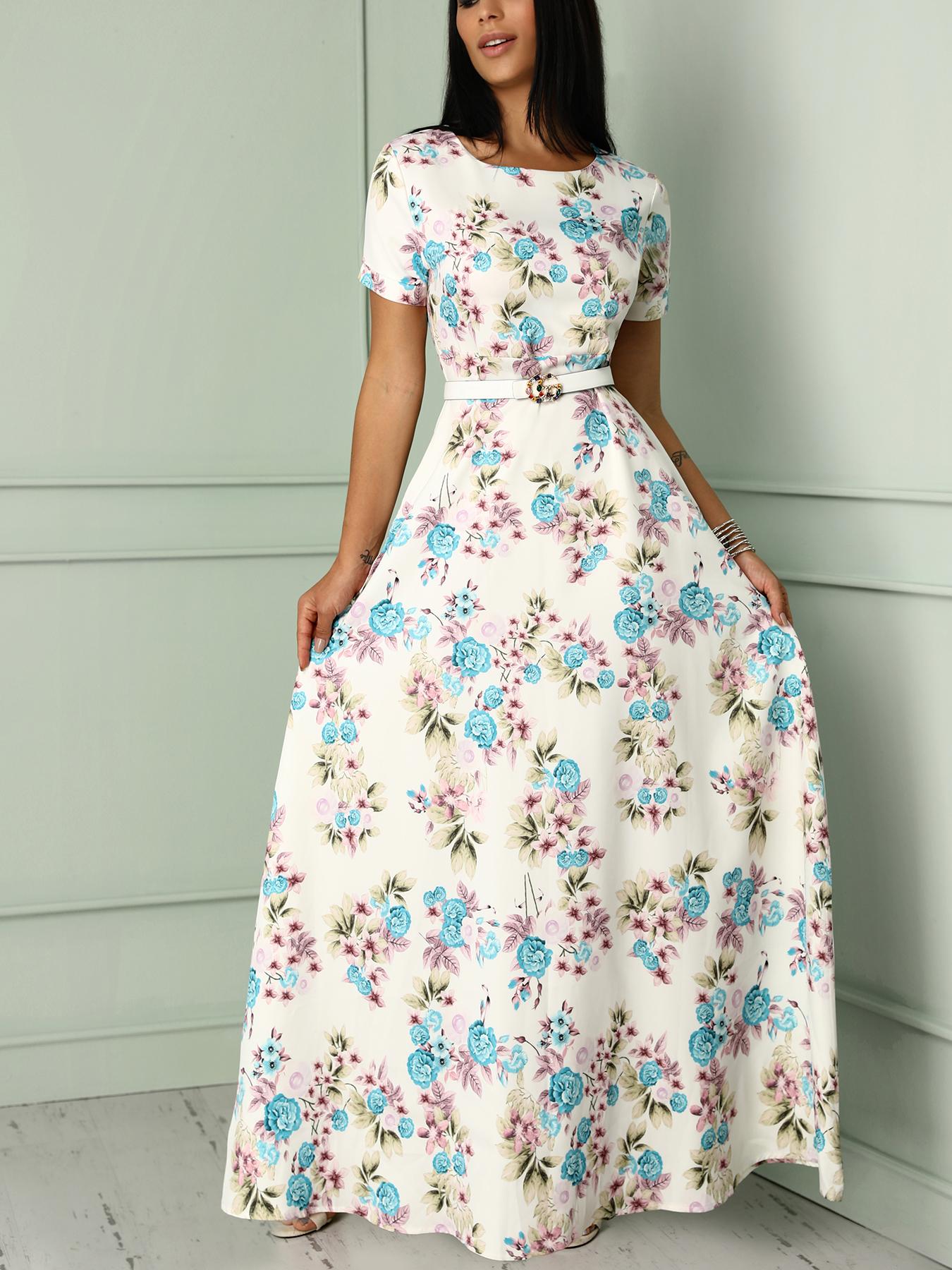 

Floral Print Short Sleeve Belted Maxi Dress