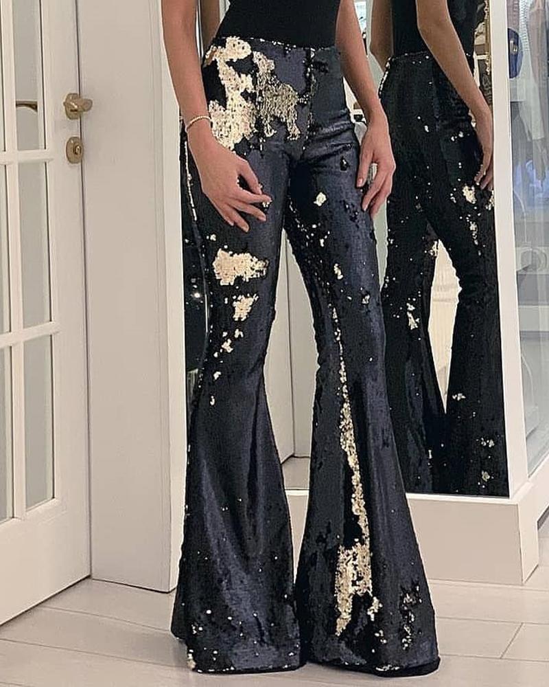 

Sequins Design Bell Bottom Pants, Black