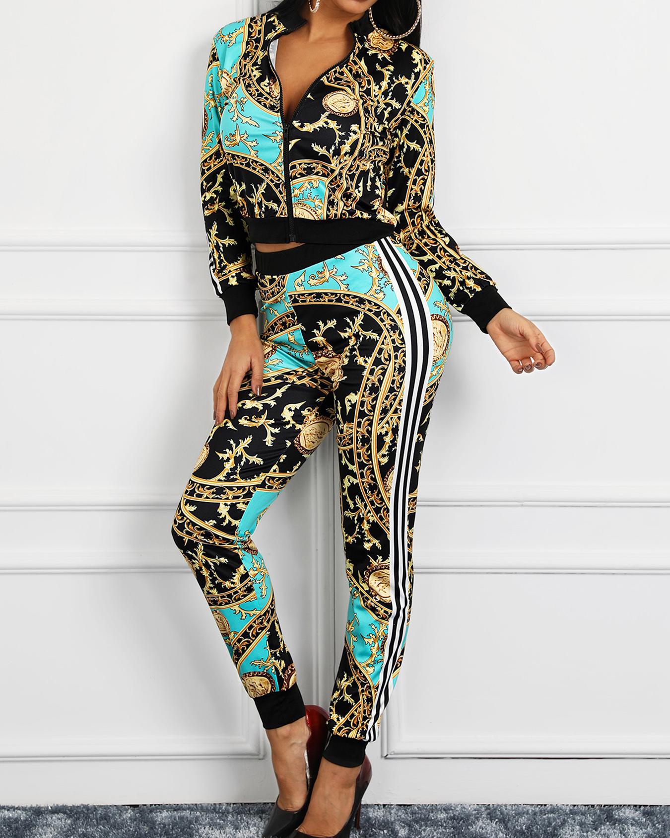 

Retro Print Striped Jacket & Pants Set, Yellow