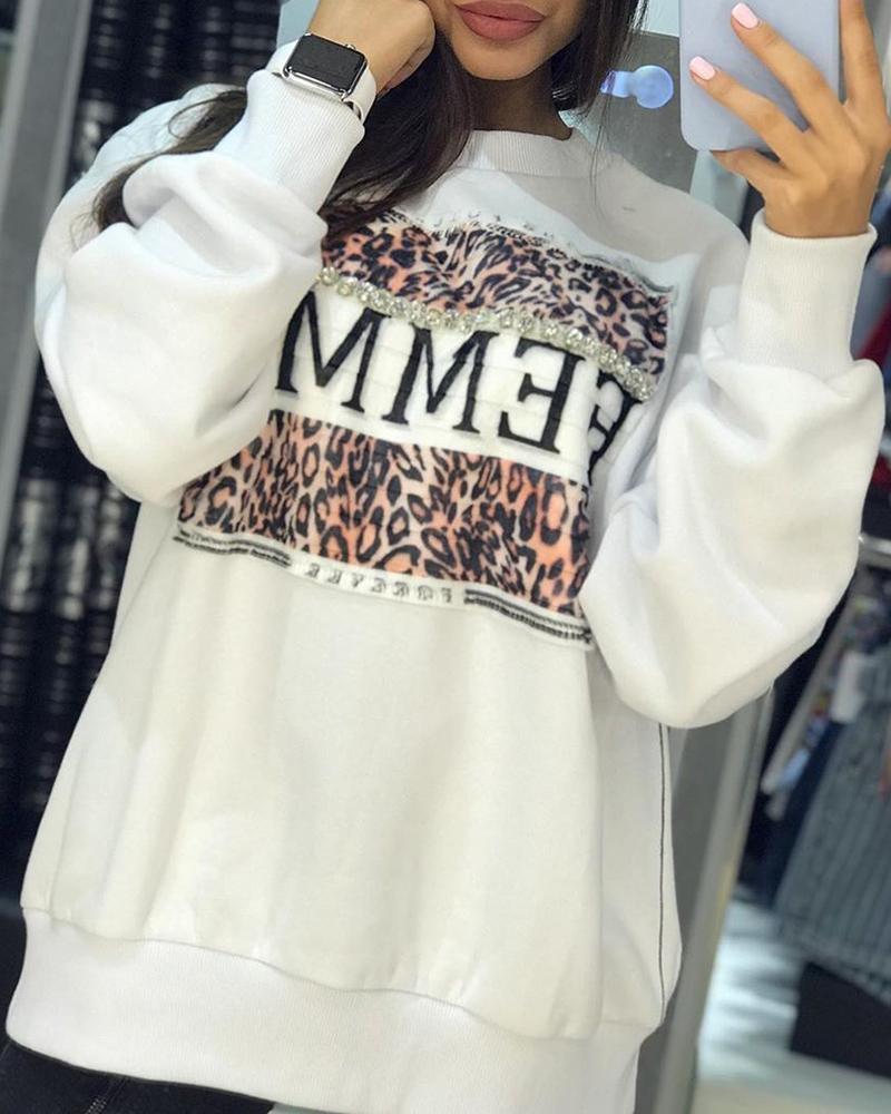 

Leopard Letter Print Casual Sweatshirt, White