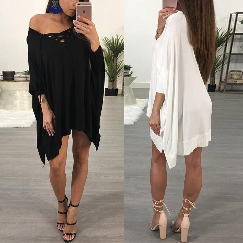 

Irregular Lace-up Pleated Casual Dress, White