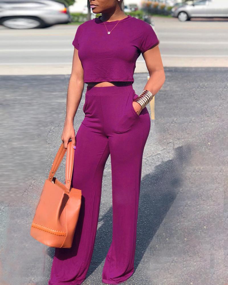 

Short Sleeve Crop Top & Pant Sets, Purple