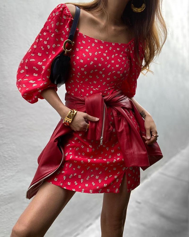 

Floral Square Neck Mini Dress, Red