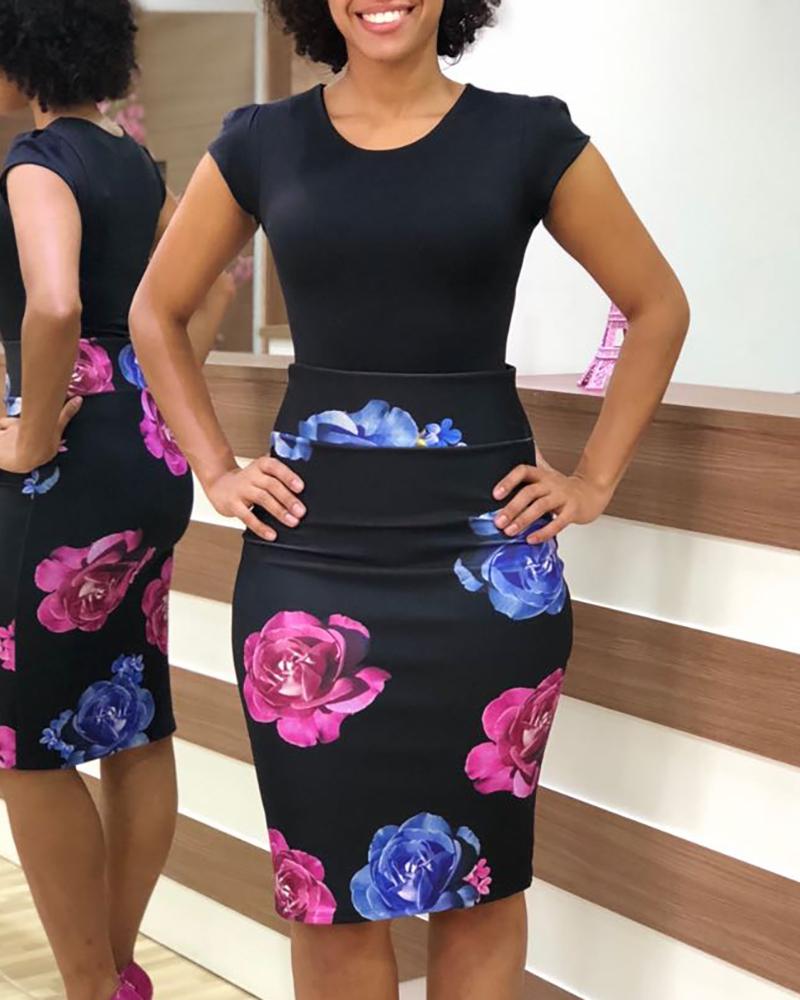

Floral Print High Waist Skirt, Black