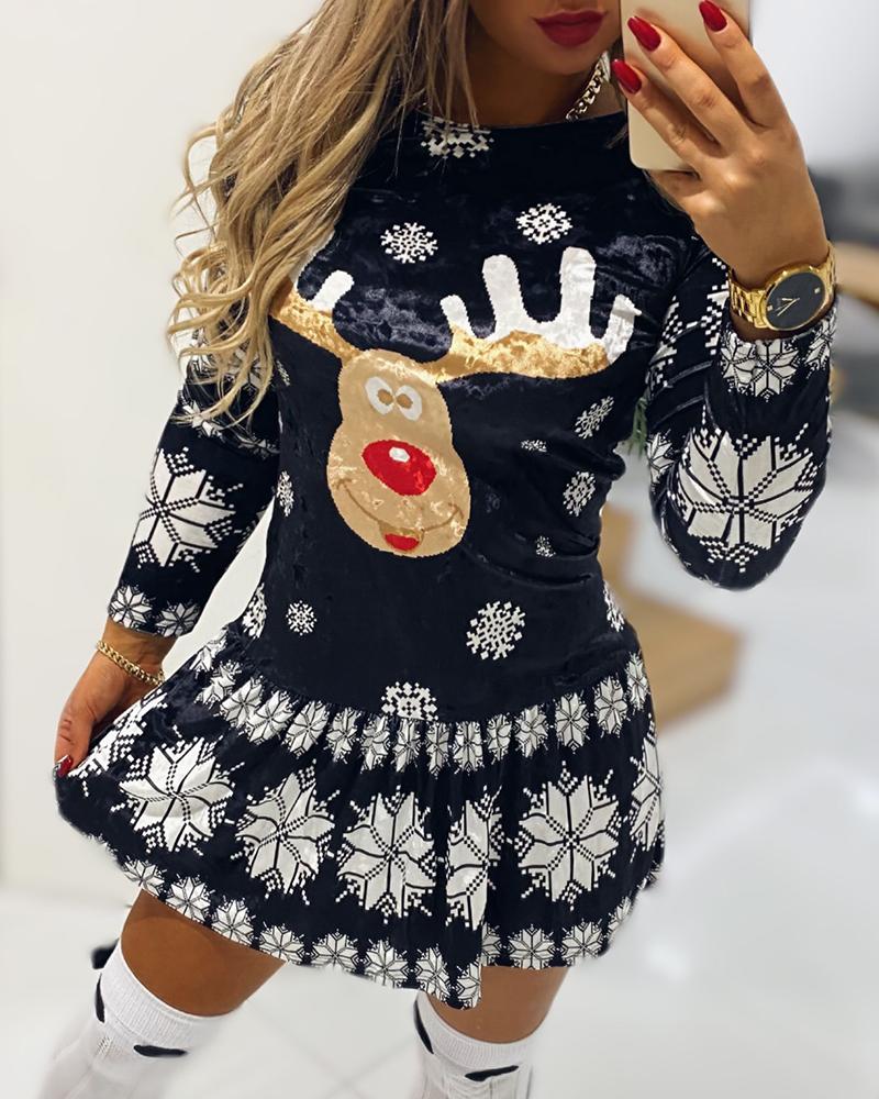

Christmas Print Long Sleeve Dress, Black