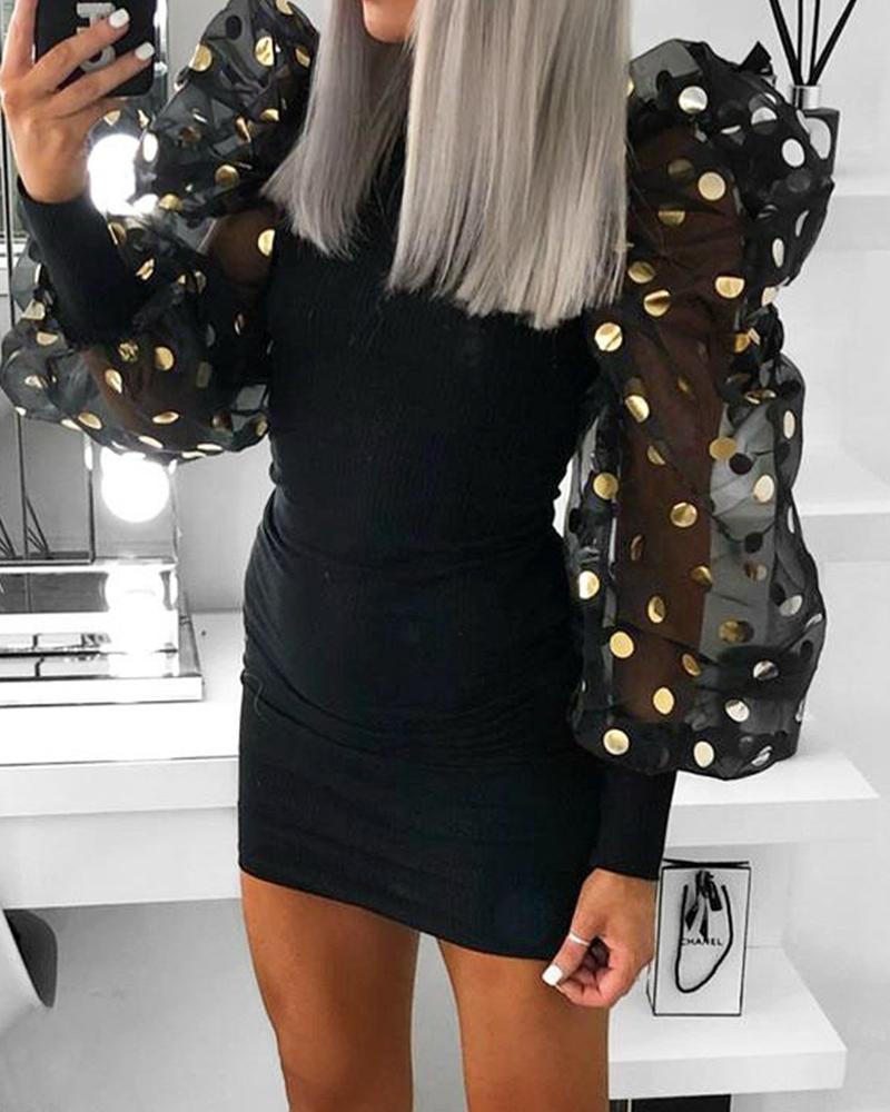 

Polka Dot Mesh Sleeve Mini Dress, Black