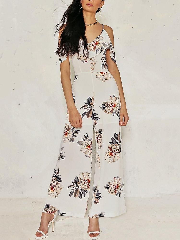 

Sexy Wide Leg Pants Floral Jumpsuit, White