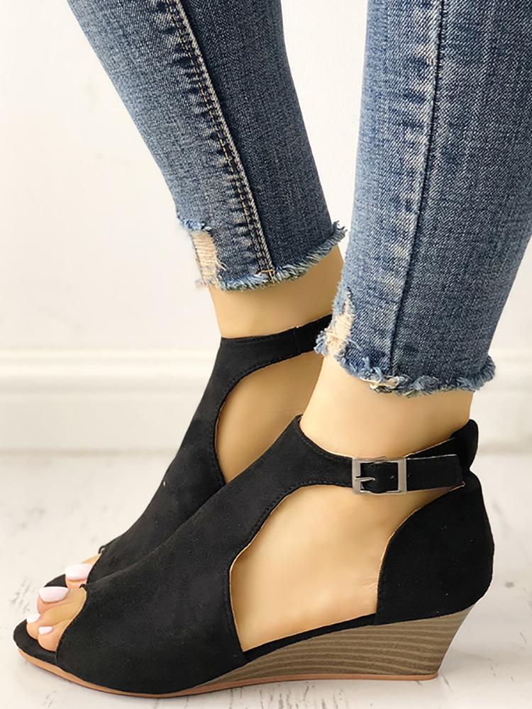 

Solid Peep Toe Buckled Wedge Heeled Sandals