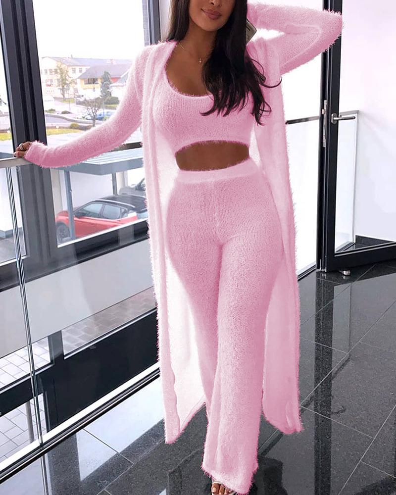

Solid Fluffy Long Sleeve 3PCS Sets, Pink