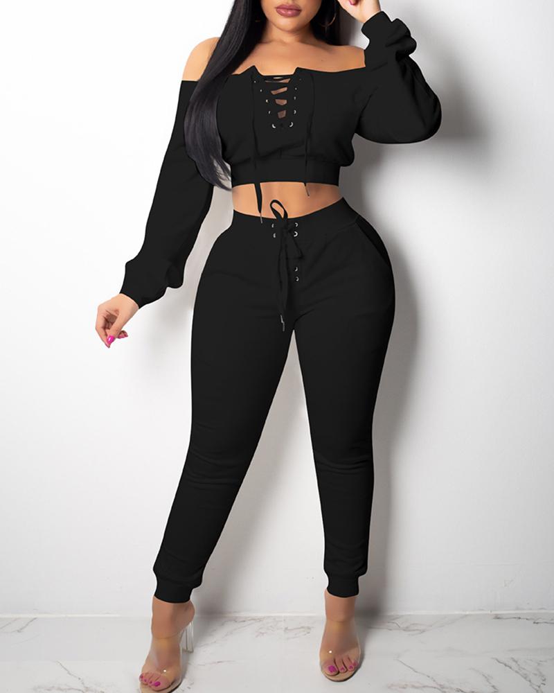 

Off Shoulder Eyelet Lace-up Blouse & Pants Set, Black