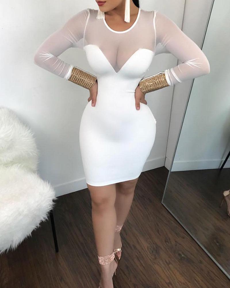 

Sheer Mesh Long Sleeve Bodycon Dress, White