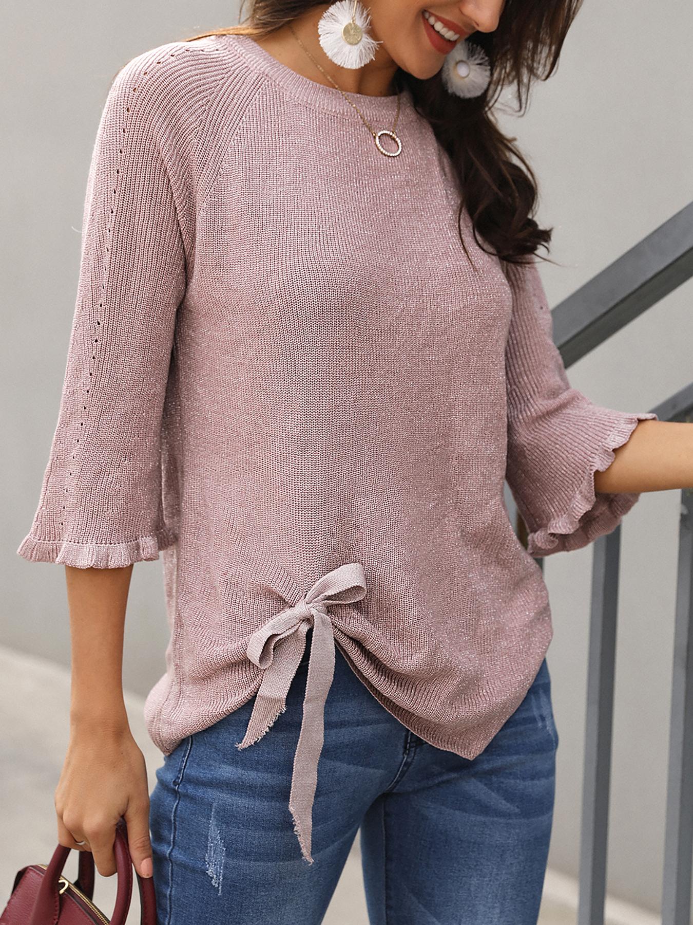 

Shiny Frills Bowknot Slit Back Blouse