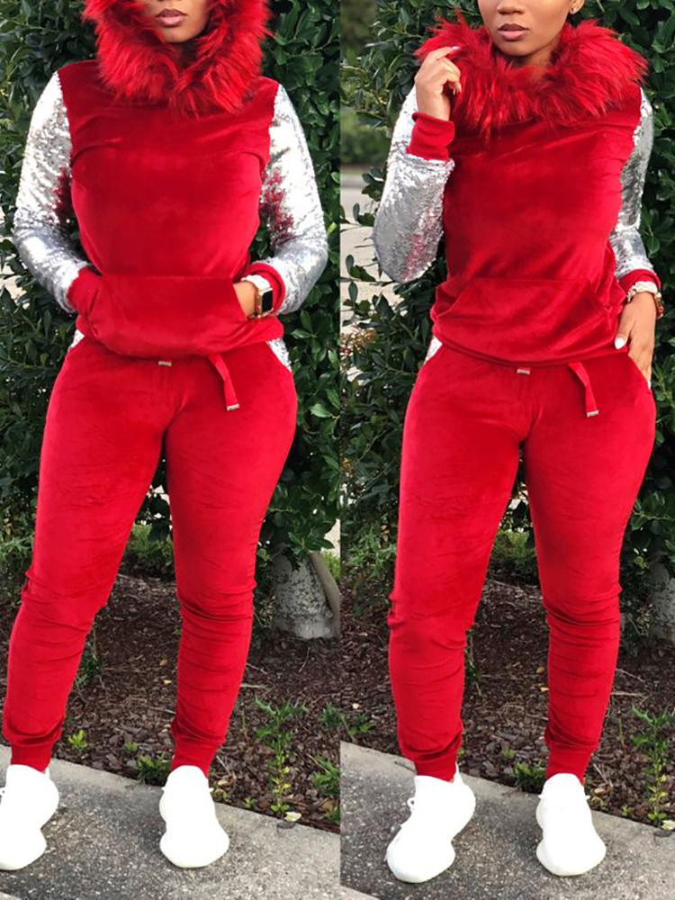 

Fluffy Hooded Sequin Insert Sweatshirt & Pant Sets