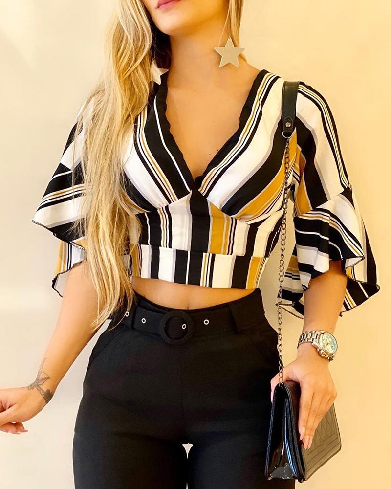 

Striped Colorblock Ruffles Crop Top, Multicolor