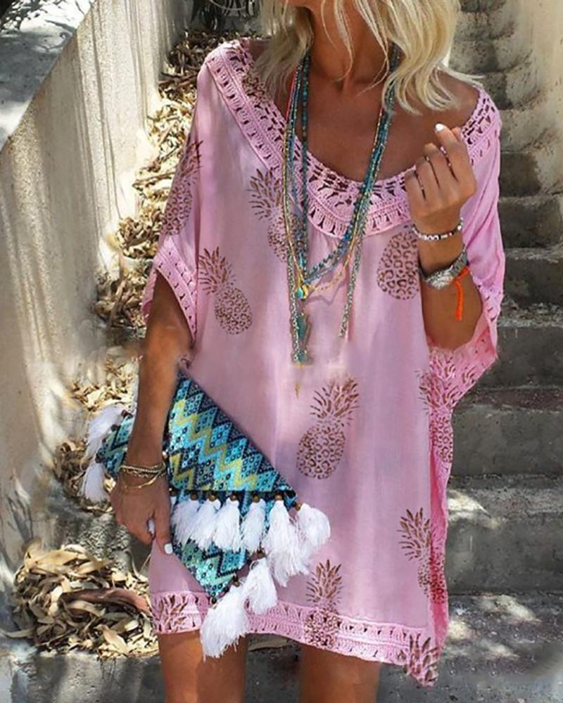 

Lace Trim Pineapple Print Hollow Out Dress, Pink