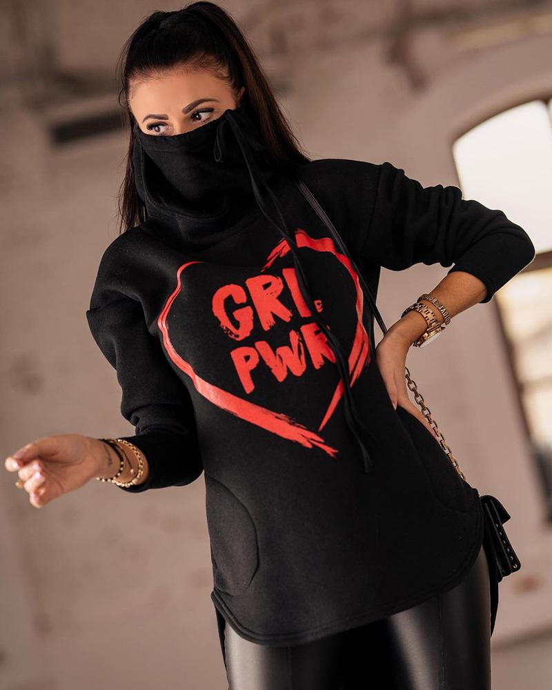 

Letter Print Side Slit Mask Design Hooded Top, Black