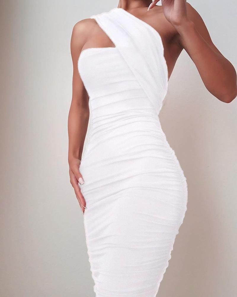 

One Shoulder Sleeveless Ruched Bodycon Dress, White