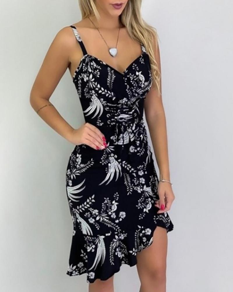 

Floral Lace Up Front Ruffle Slip Dress, Black