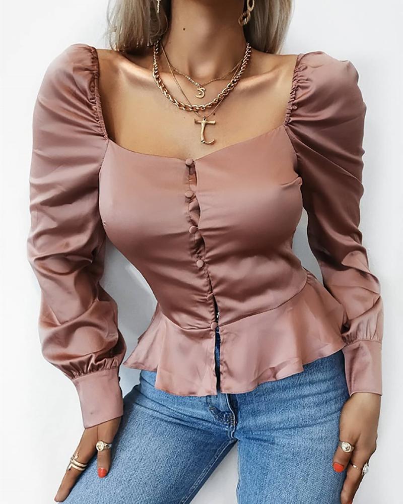 

Satin Puff Sleeve Buttoned Ruffles Design Tight Waist Blouse, Coffee