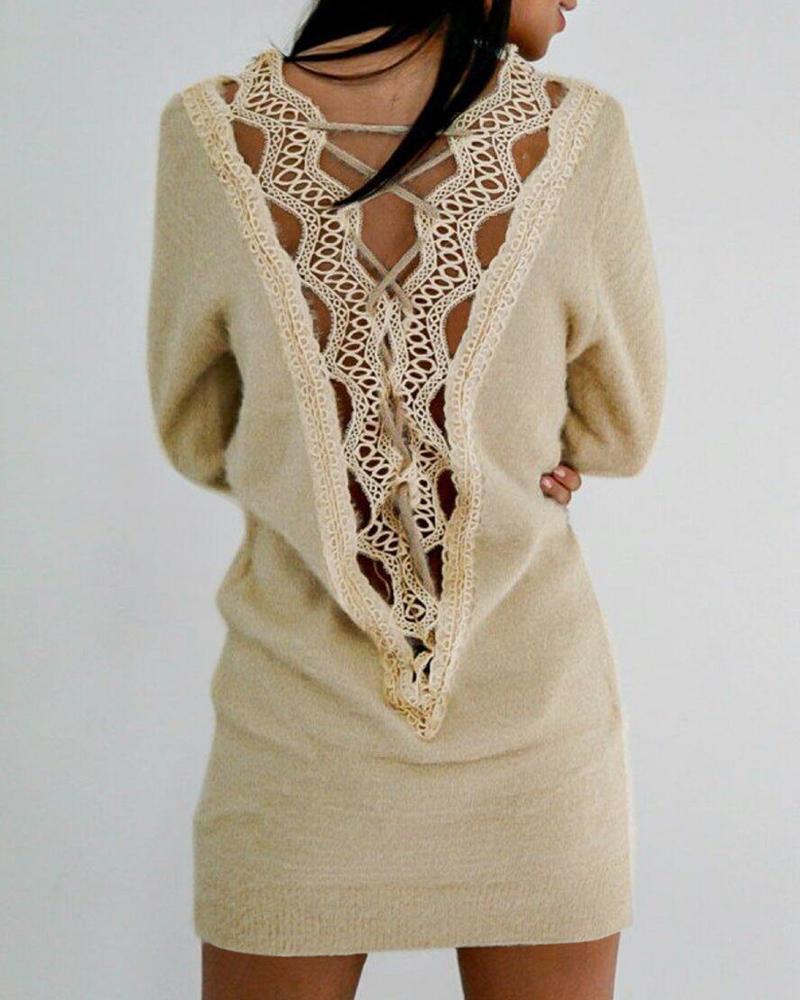 

Crochet Lace Hollow-out Back Sweat Dress, Khaki