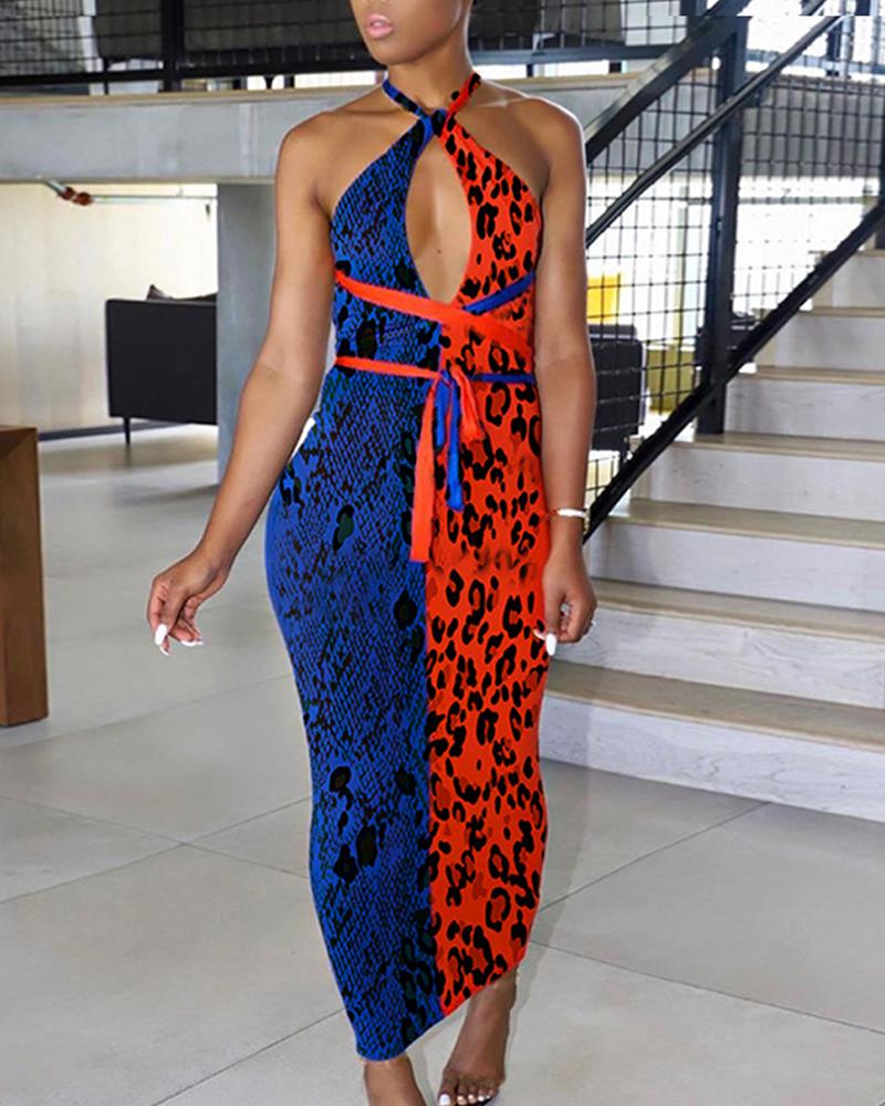 

Animal Pattern Criss Cross Halter Neck Maxi Dress, Red
