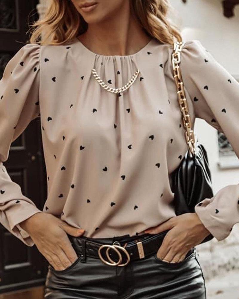 

Heart Print Chain Decor Long Sleeve Blouse, Pink