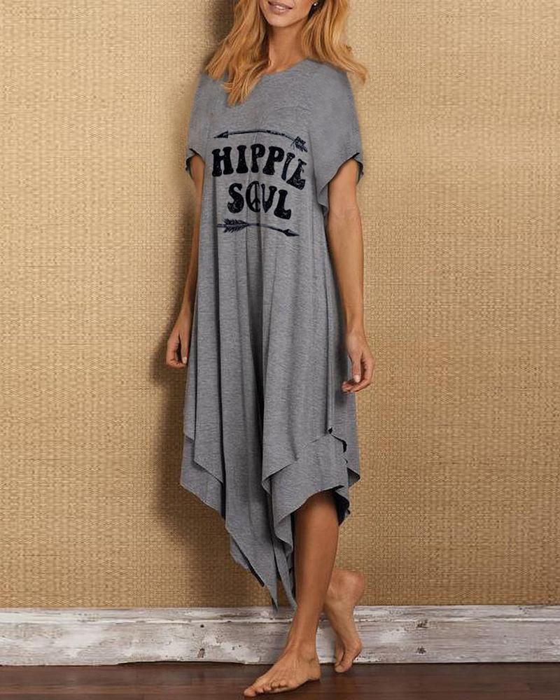 

Letter Print Round Neck Irregular Dress, Gray