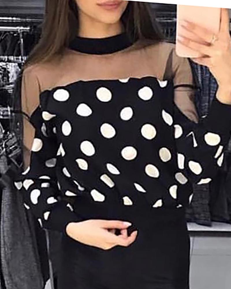 

Dot Sheer Mesh Insert Casual Blouse, Black