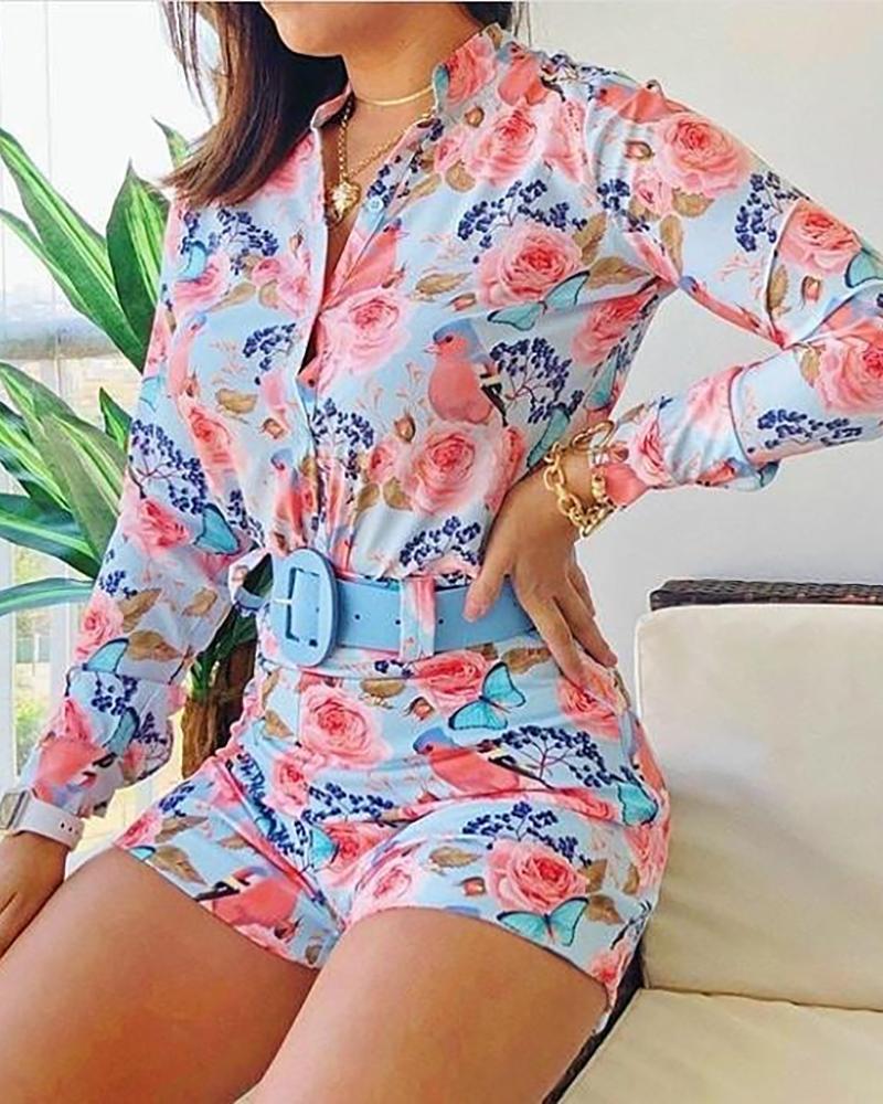 

All Over Print Button Design Long Sleeve Top & Shorts Set, Blue