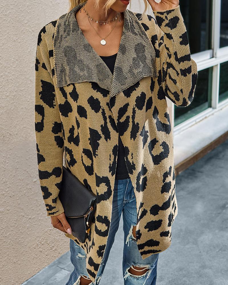 

Cheetah Print Long Sleeve Knitted Coat, Khaki