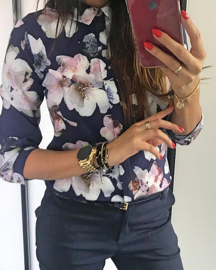 

Floral Print Button Design Long Sleeve Blouse, Purplish blue