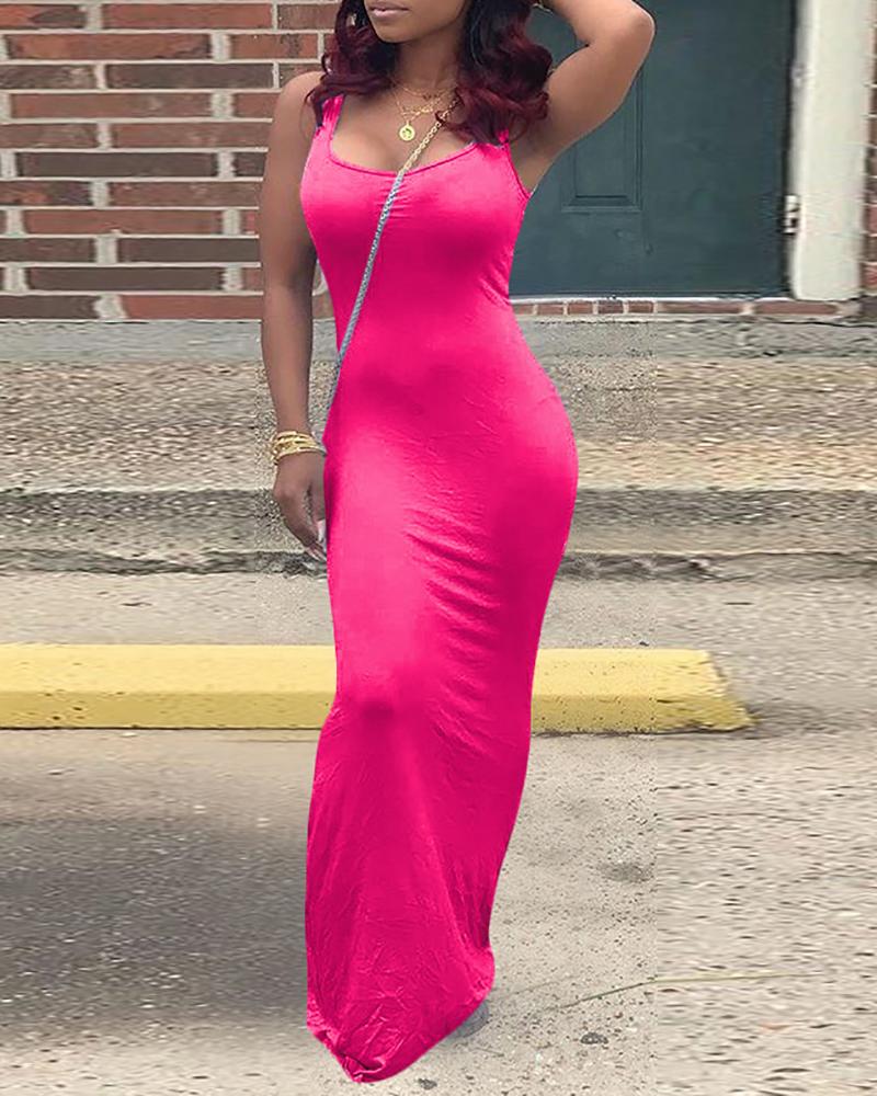 

Solid Color Tank Casual Maxi Dress, Hot pink