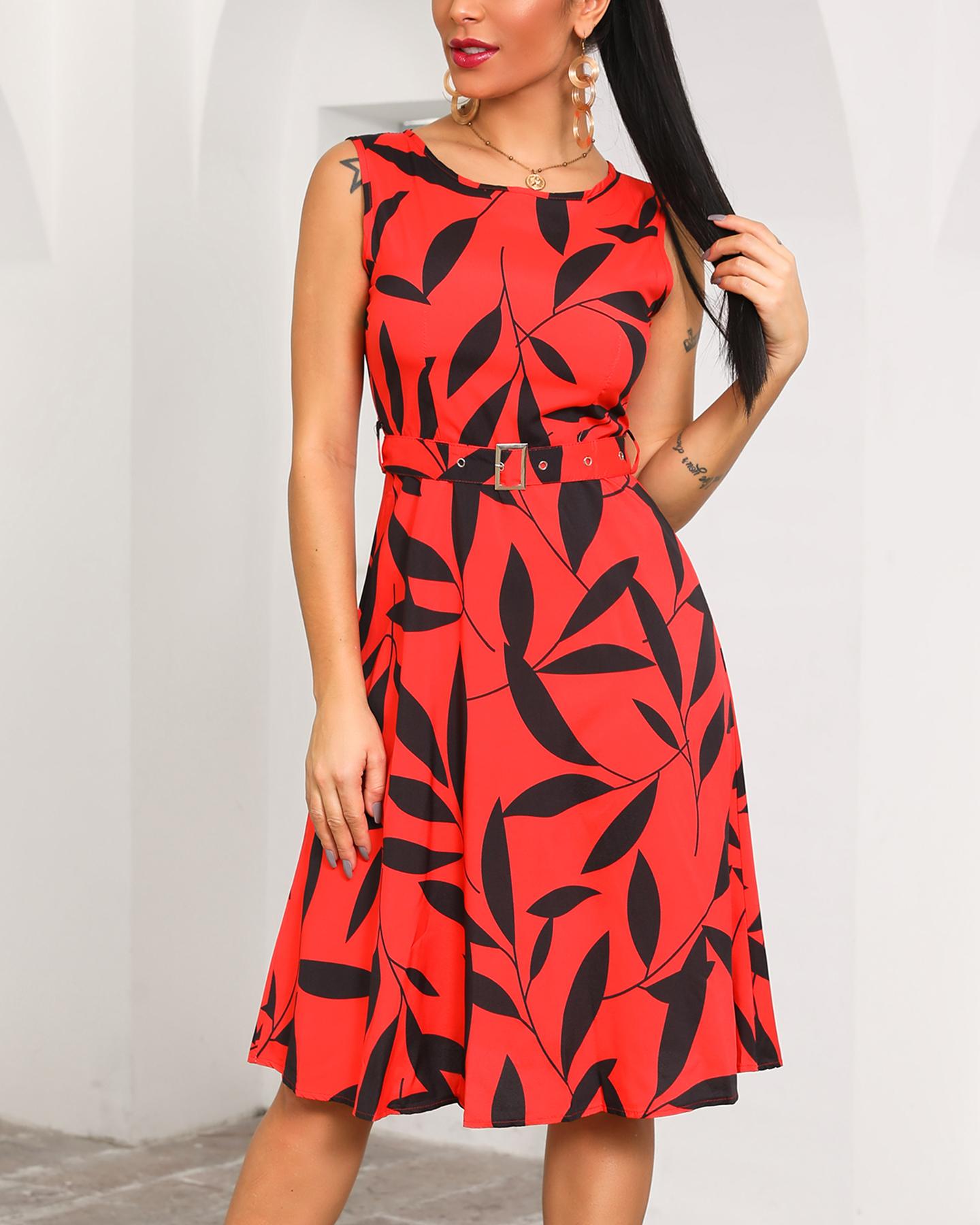 

Leaf Print Sleeveless Belted A-Line Dress