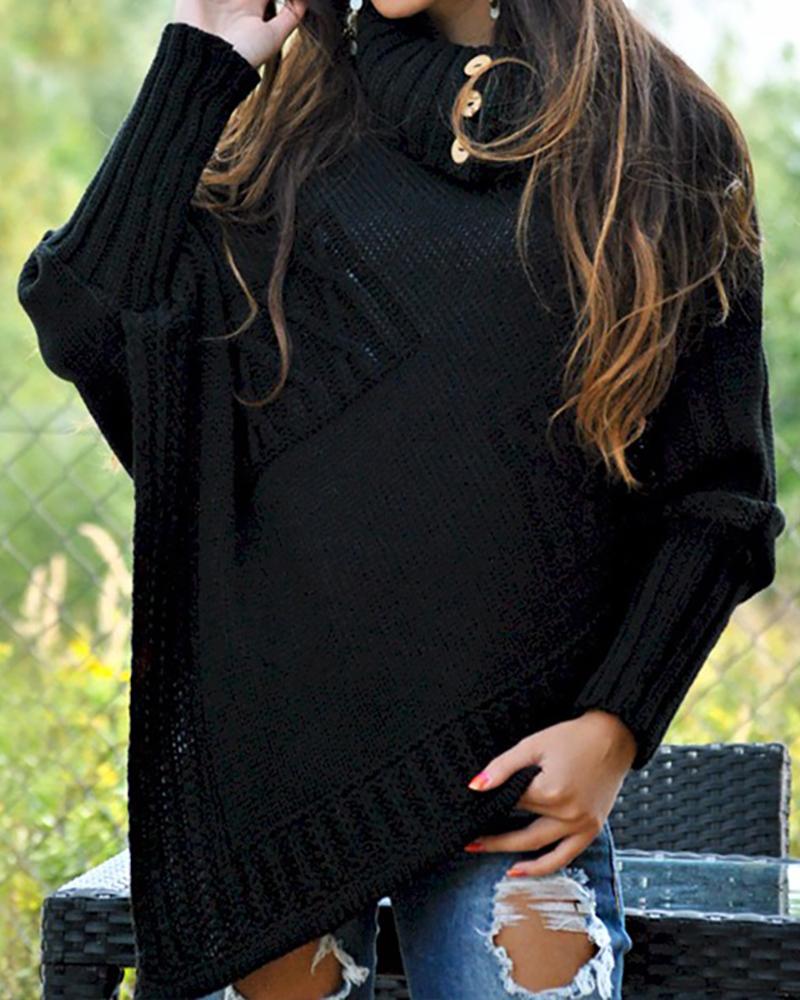 

High Neck Ribbed Knitting Irregular Hem Casual Sweater, Black