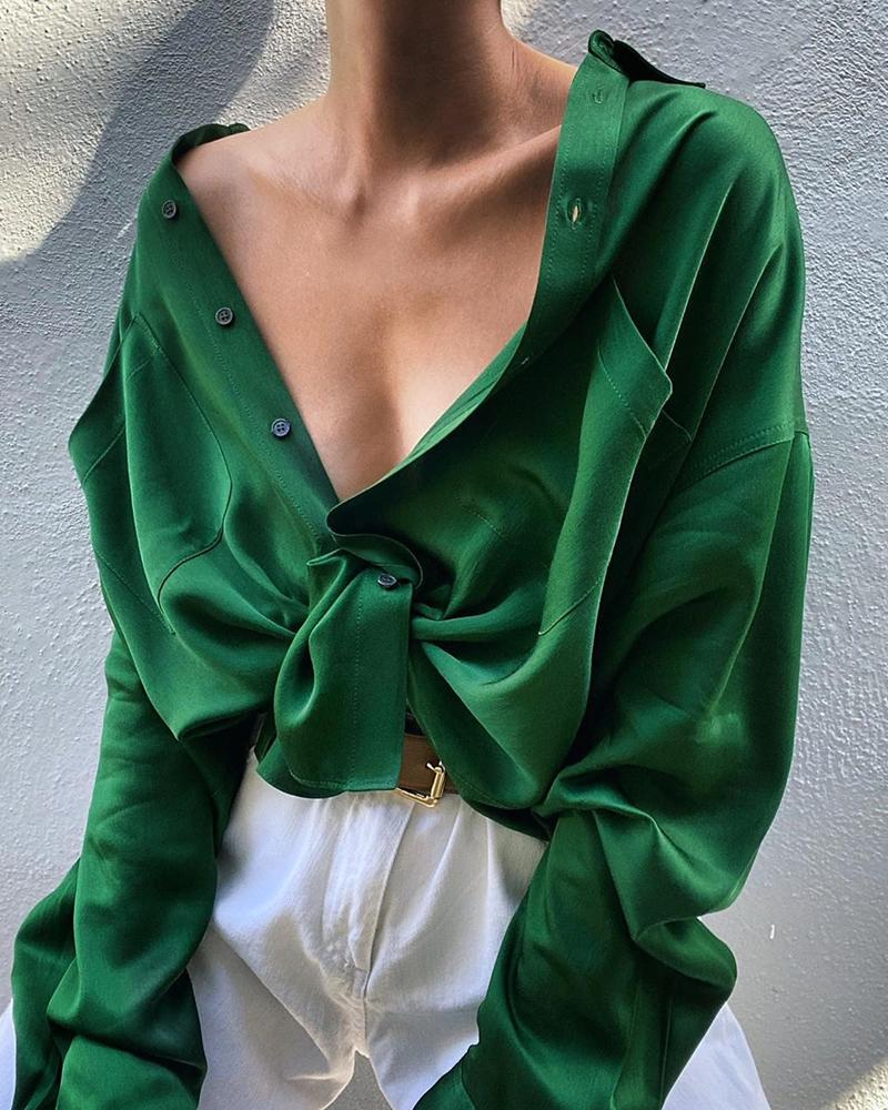 

Solid Button Detail Blouse, Green
