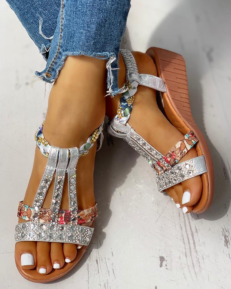

Studded Detail Ankle Strap Wedge Sandals, Silver
